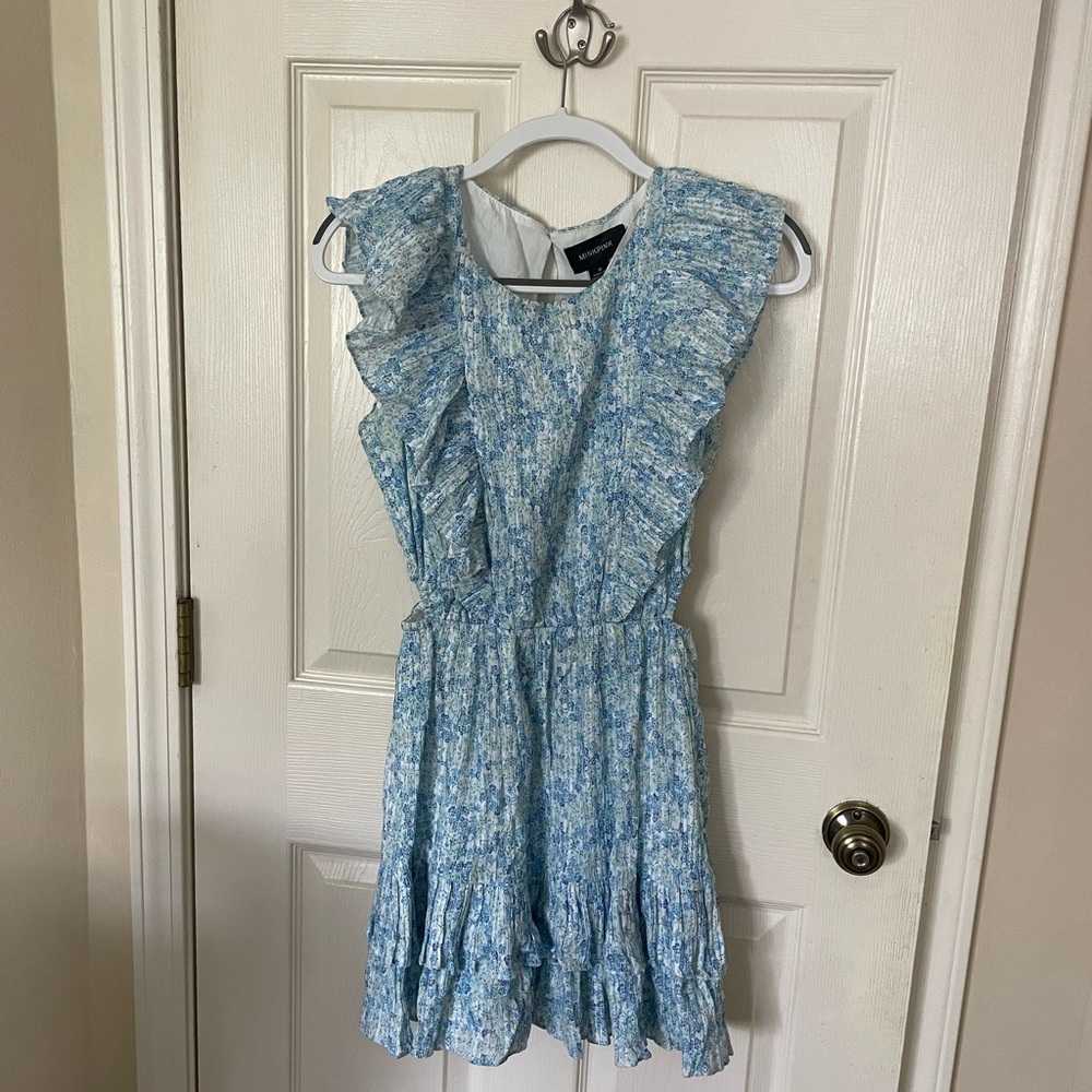 ZAHARI RUFFLE MINI DRESS IN BLUE MULTI